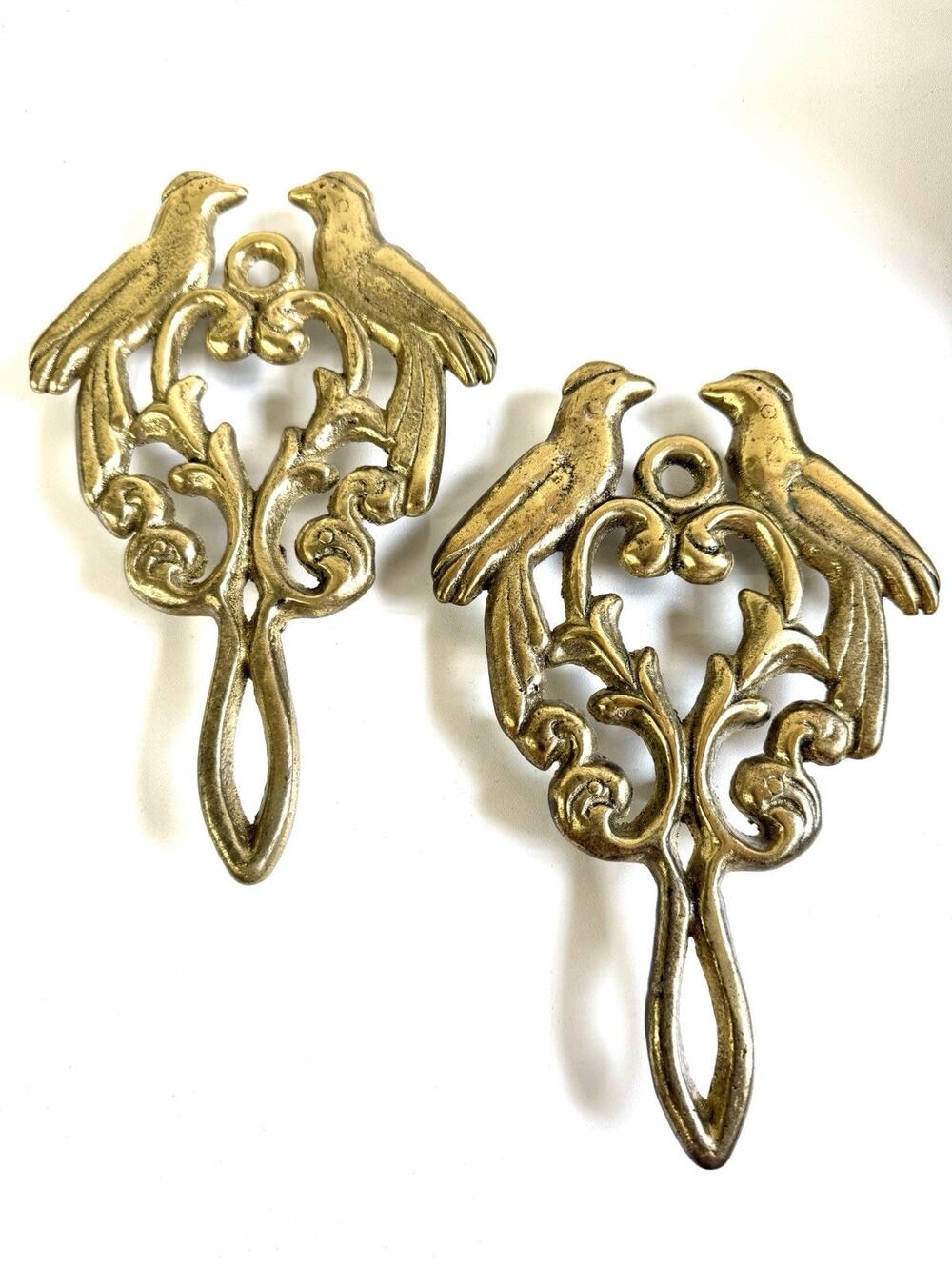 2 Vintage Bird Motif Solid Brass Trivet Footed 1970’s Wall Hanging 7”x4.5”